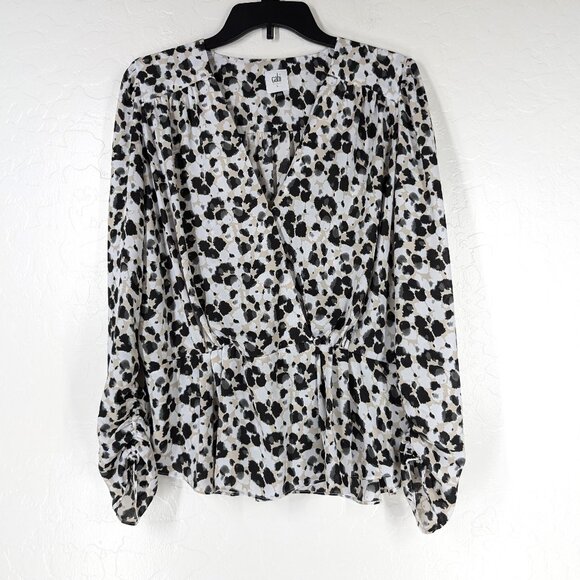 CAbi Tops - CABI Blouse L Rosette Black‎ V Neck Ruched Snap Unlined Sleeve Pullover